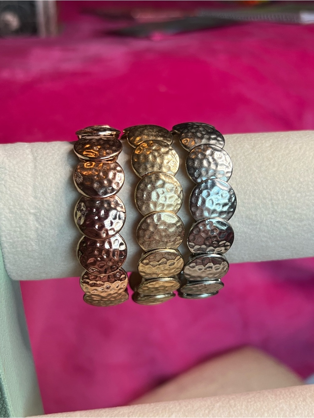 Hammered Disc Stretch Bracelet - Rose Gold, Gold & Silver